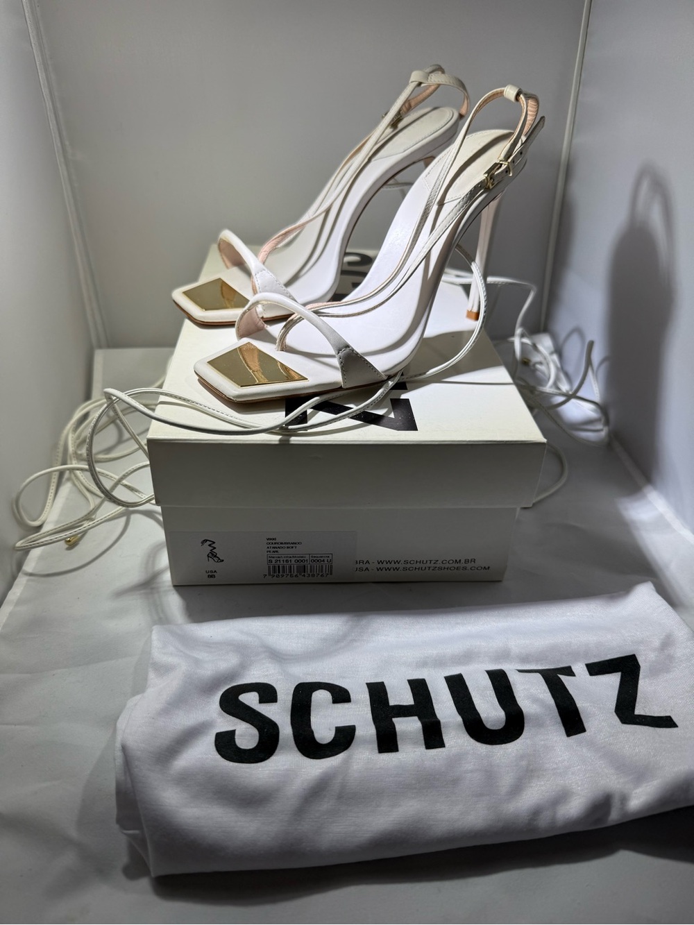 SCHUTZ Ivory White Strappy Square-Toe Slingback Heels